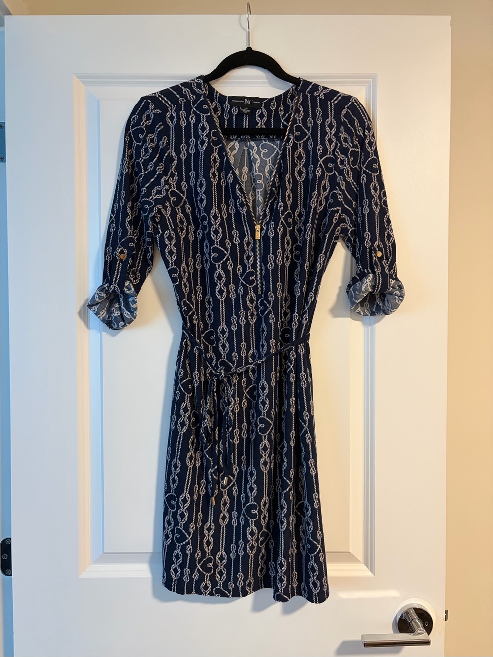 INC International Concepts Navy Rope-Print Faux Wrap Mini Dress